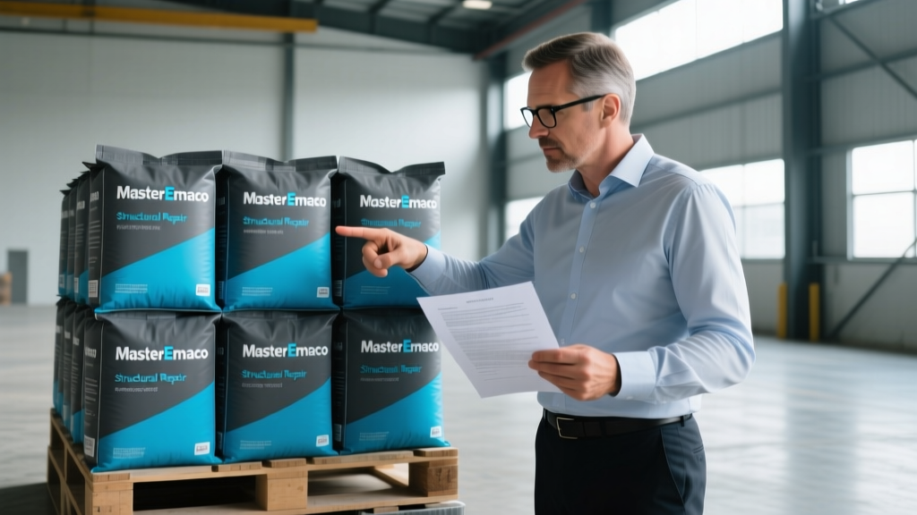 Manager highlighting ambiguous terms in a concrete repair contract next to a stacked pallet of MasterEmaco structural repair mortar
