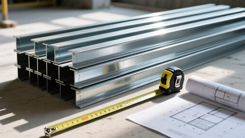 Close-up of galvanized steel wall studs in various widths stacked on a construction site with a tape measure and blueprint visible