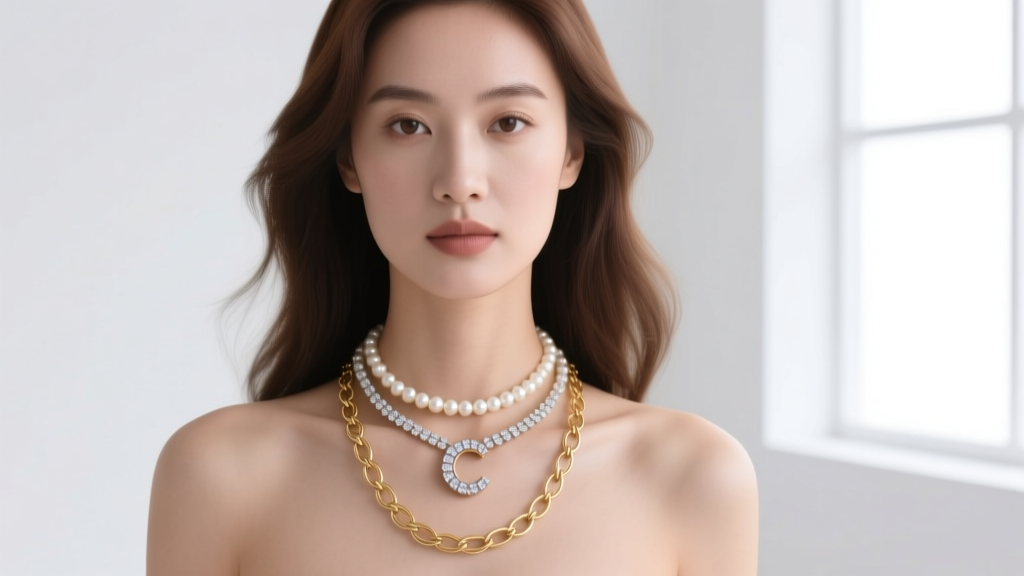A woman wearing a layered stack featuring a 14-inch pearl choker, a 16-inch diamond C necklace, and an 18-inch gold lariat chain.