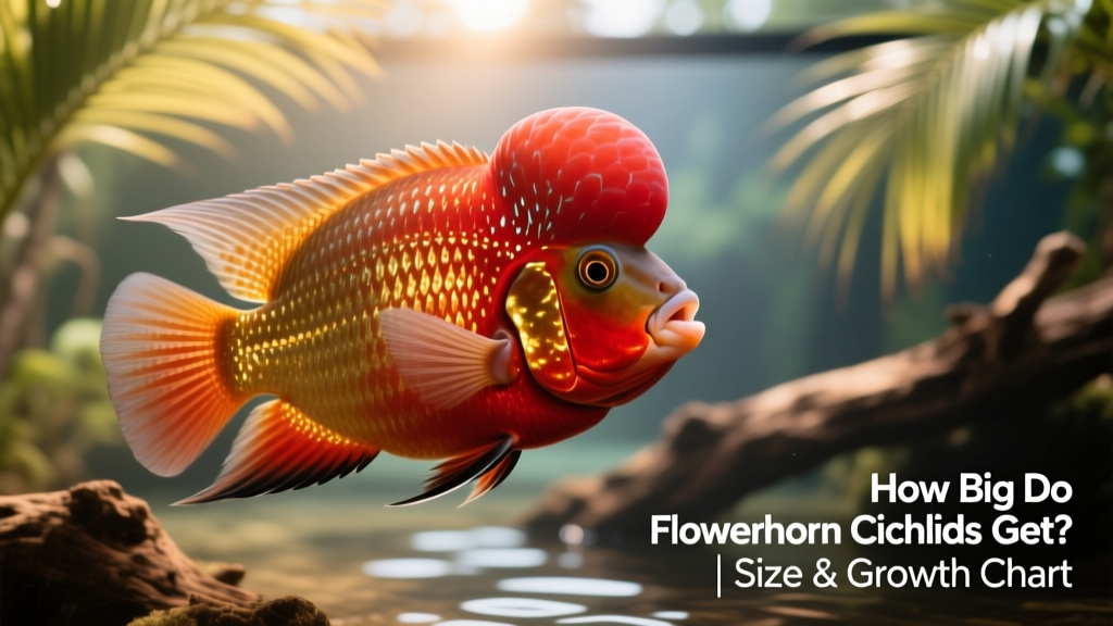 Adult male Flowerhorn cichlid displaying vibrant red and gold coloration and a well-developed nuchal hump