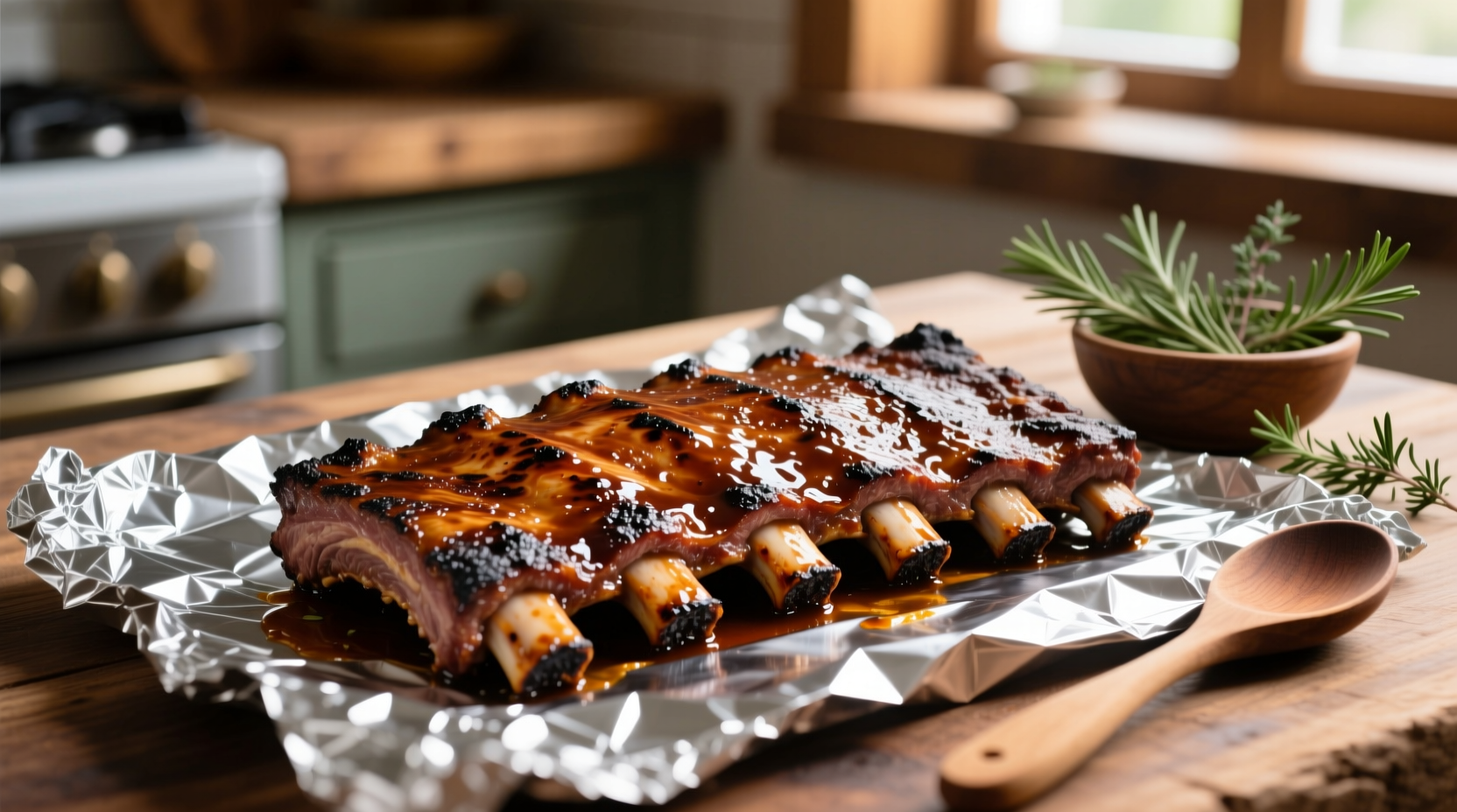 Perfectly cooked beef ribs on aluminum foil