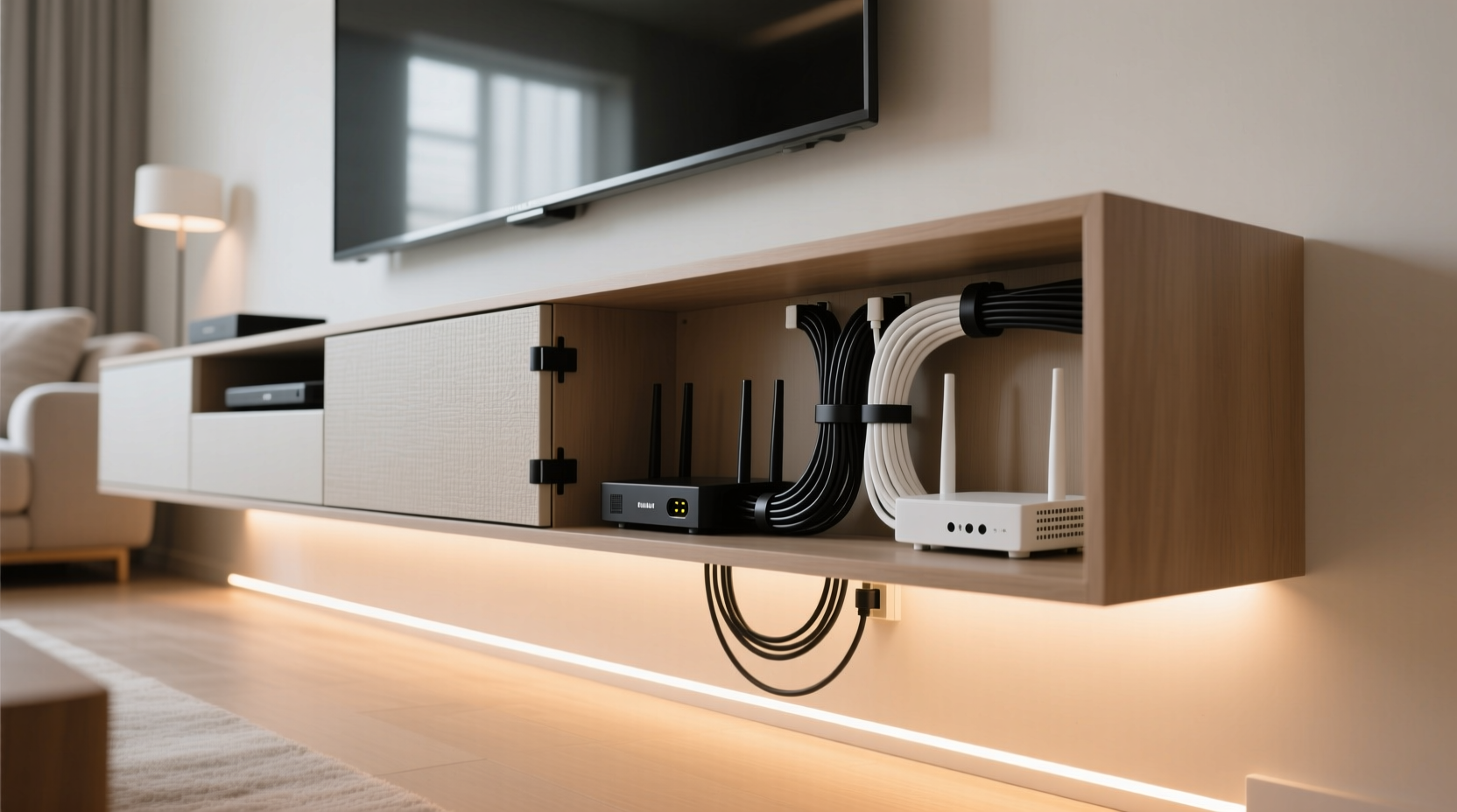 how to hide router cords neatly behind entertainment centers
