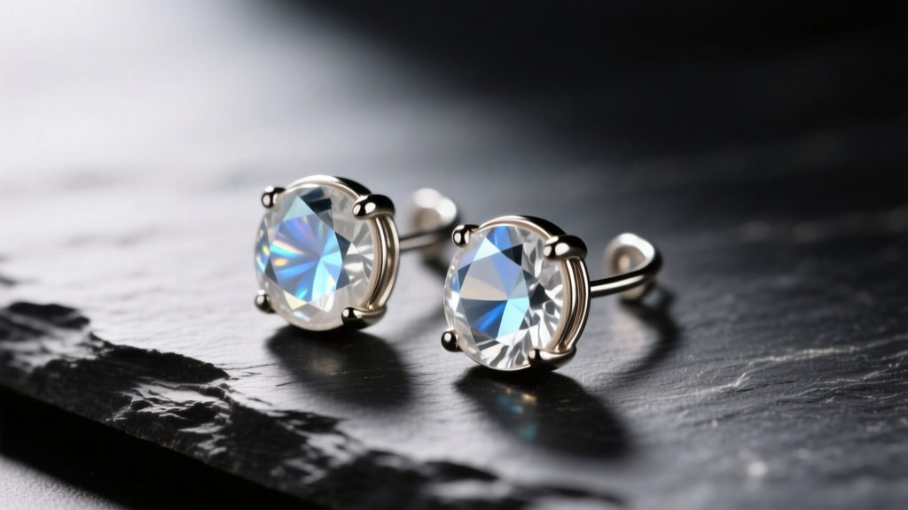 Macro shot of 20-gauge titanium French wire earrings with moonstone gems resting on dark slate with soft directional lighting