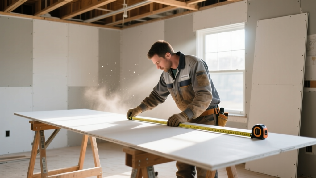 Construction worker measuring and cutting a large sheet of standard white gypsum drywall board on sawhorses in a framed residential interior