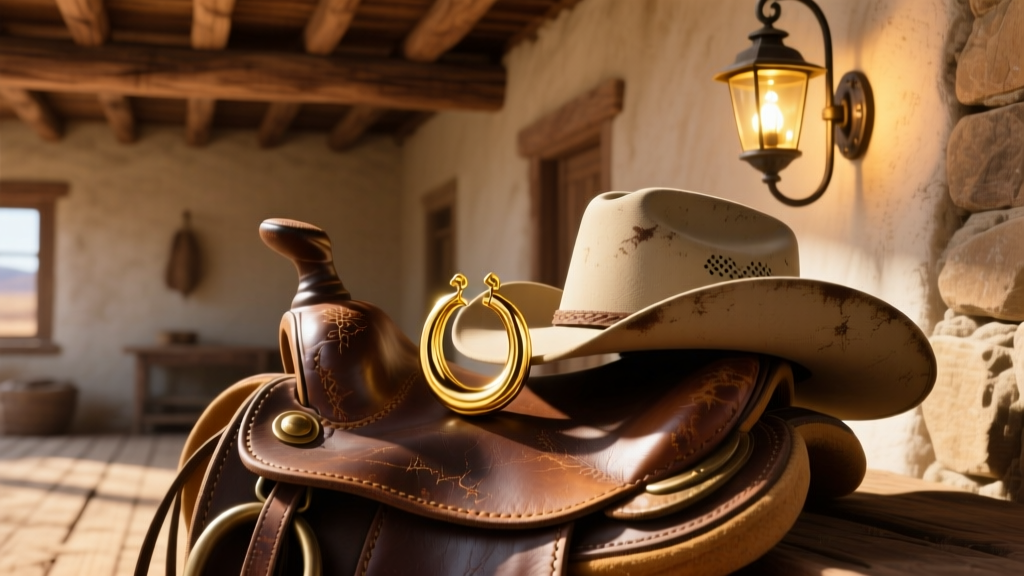14k yellow gold hoop earring resting on vintage leather and a worn hat, lit by warm lantern light in a rustic western setting