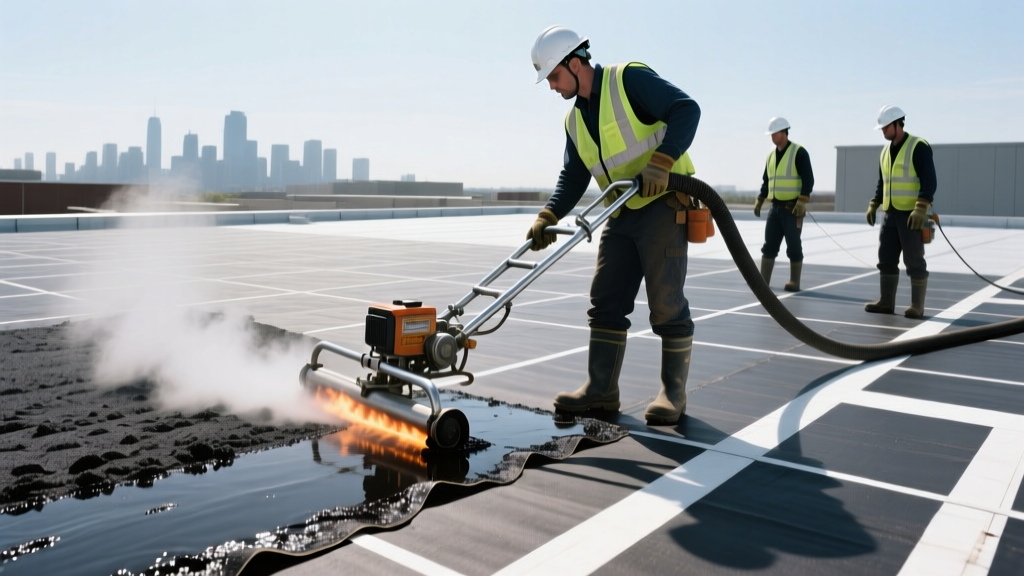 Roofing crew using a mechanical hot mop spreader to apply steaming asphalt over fiberglass ply sheets on a flat commercial roof
