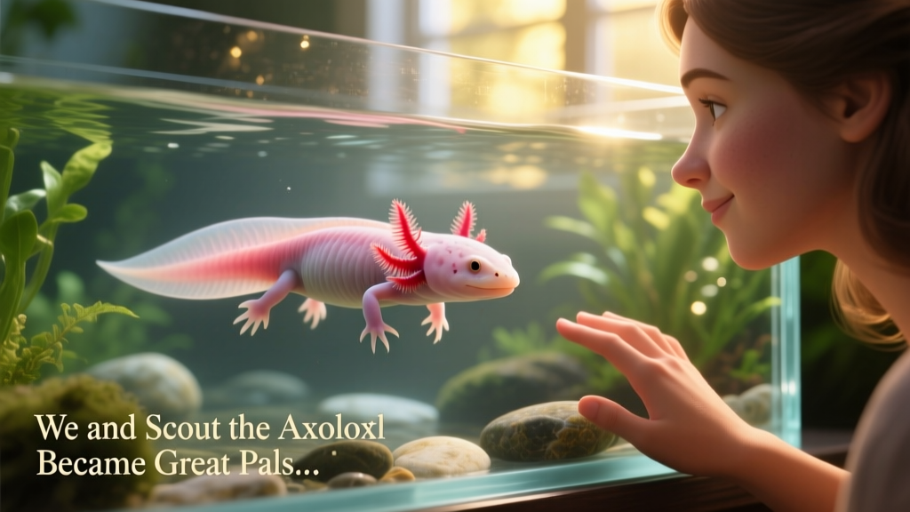 Close-up of Scout the axolotl swimming gracefully in a clean, well-lit aquarium, with Anna’s hand visible near the glass