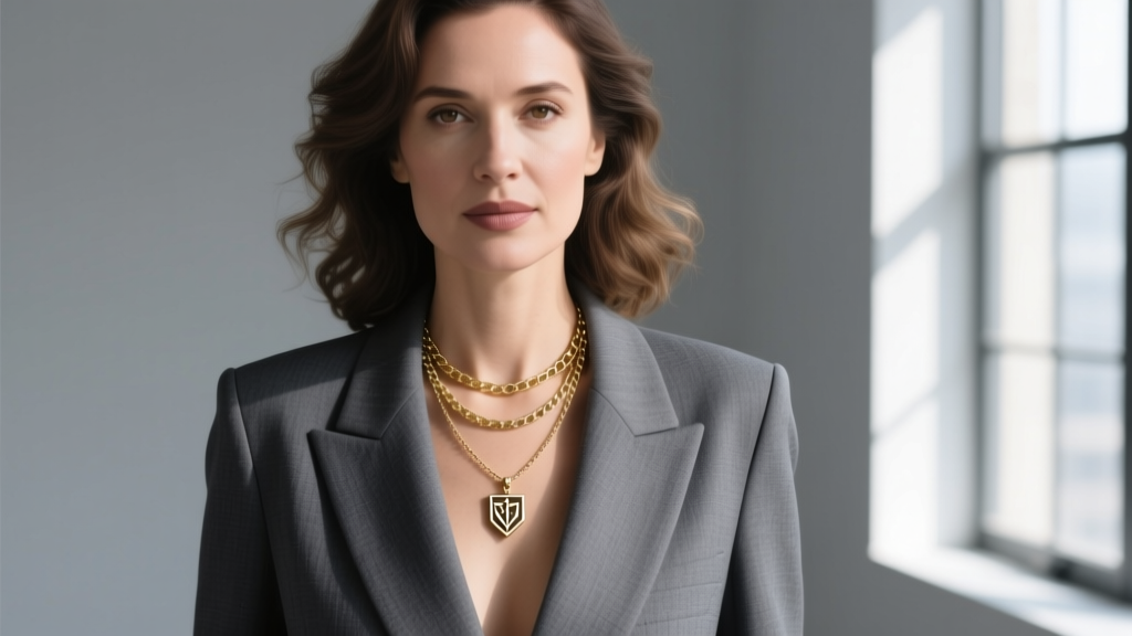 Woman in a charcoal blazer wearing a layered 16 and 18-inch gold chain necklace set featuring a small minimalist crest pendant