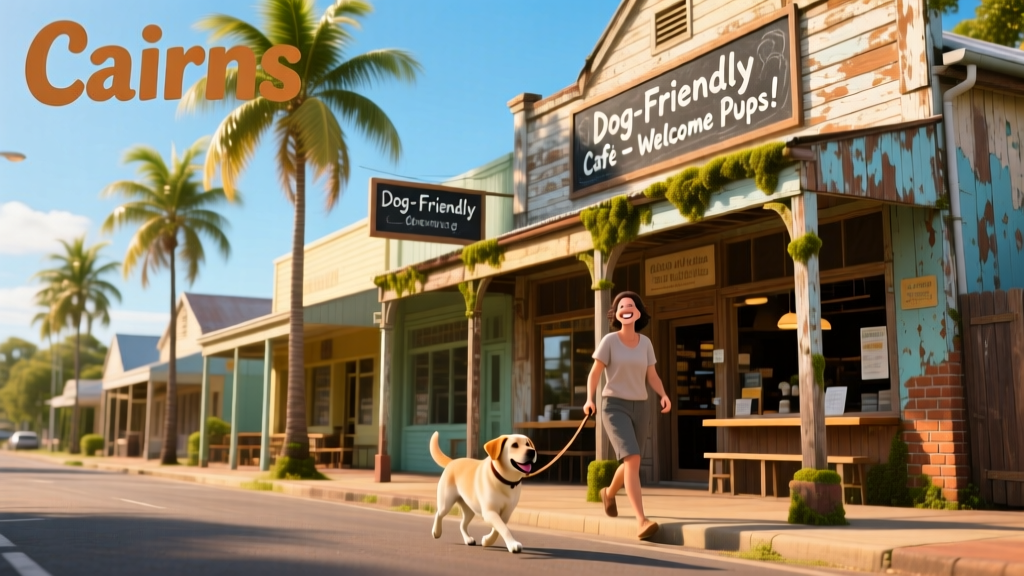 A street view of old shop fronts in Cairns lined with palm trees
