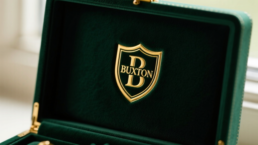 Close-up of an embossed Buxton shield logo stamped in gold foil on the dark green velvet interior lid of a mid-century jewelry box.
