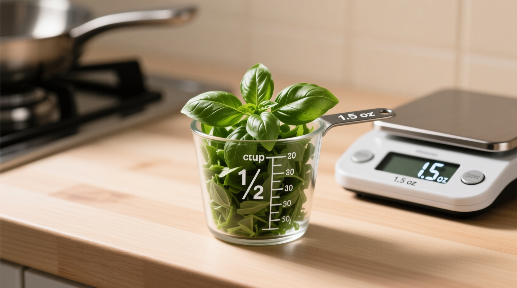 Weekend cooking context: professional chefs weigh chopped basil while home cooks safely eyeball whole leaves