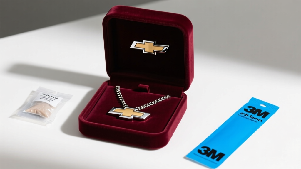 Open velvet jewelry box containing a Chevy logo chain necklace, a silica gel packet, and a blue 3M anti-tarnish strip inside