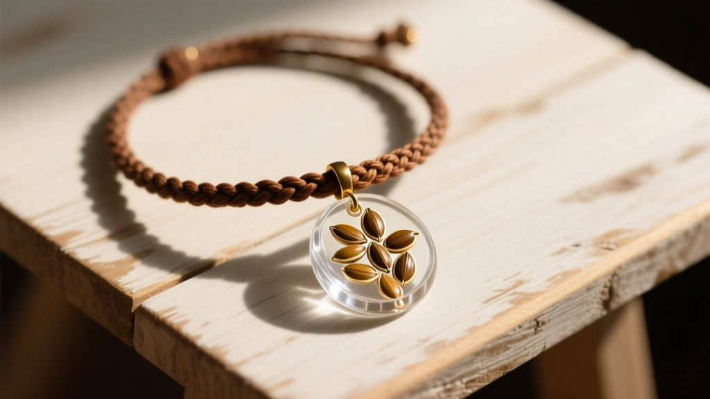 Flat lay of a bohemian hemp seed necklace with a clear resin pendant holding seeds on a braided brown hemp cord on a wooden table