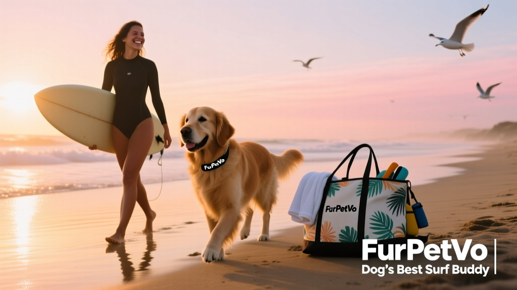 The surfer and her dog walking side-by-side along the water’s edge, both relaxed and smiling, towels and a FurPetVo-branded beach bag nearby
