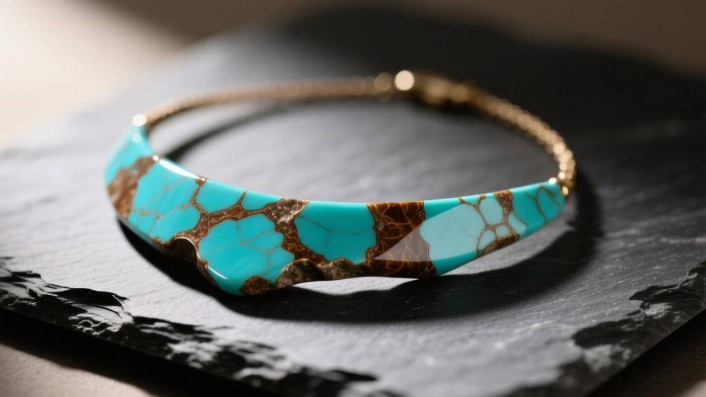 Close-up of a rustic nugget turquoise necklace with brown matrix veining resting on dark slate under soft directional lighting