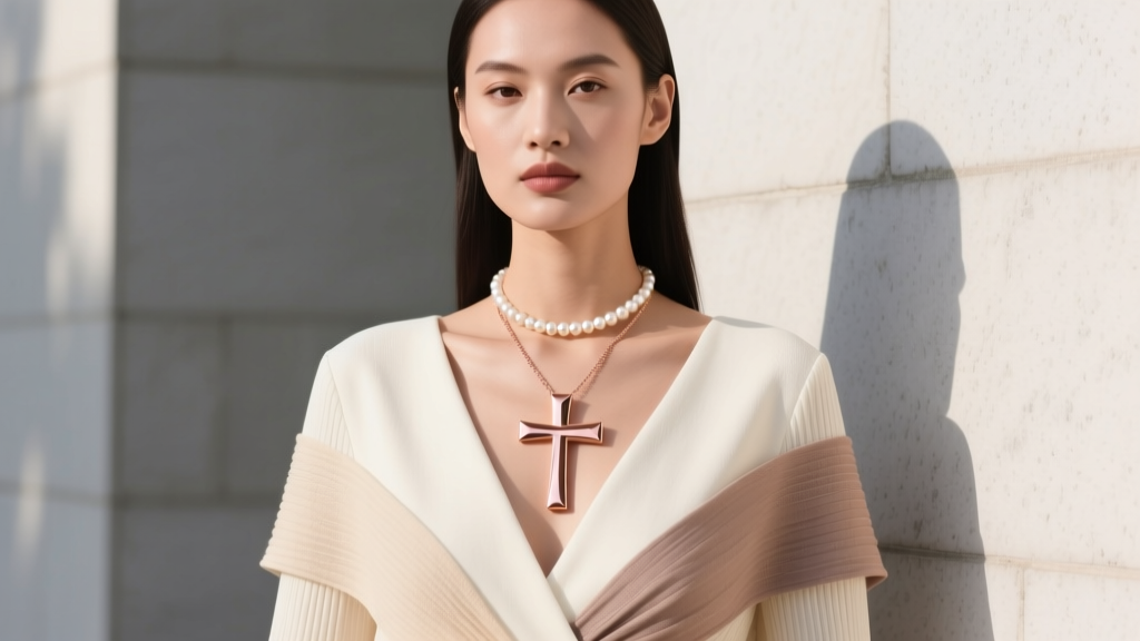 Model wearing a layered stack with a pearl choker and an 18-inch sideways horizon cross pendant necklace in polished rose gold.