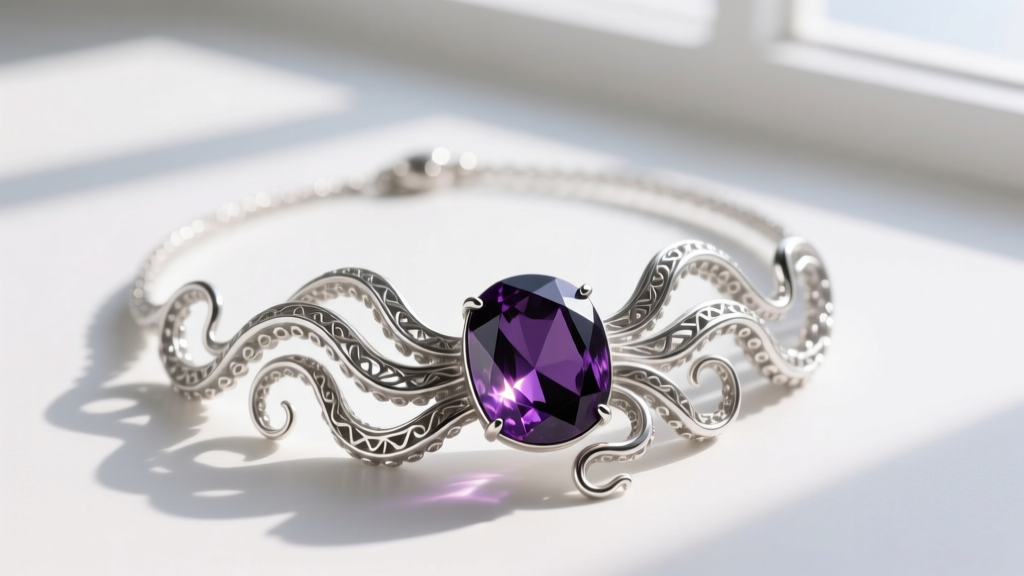Sterling silver Ursula necklace with intricately carved octopus tentacles wrapping tightly around a faceted dark amethyst gemstone.