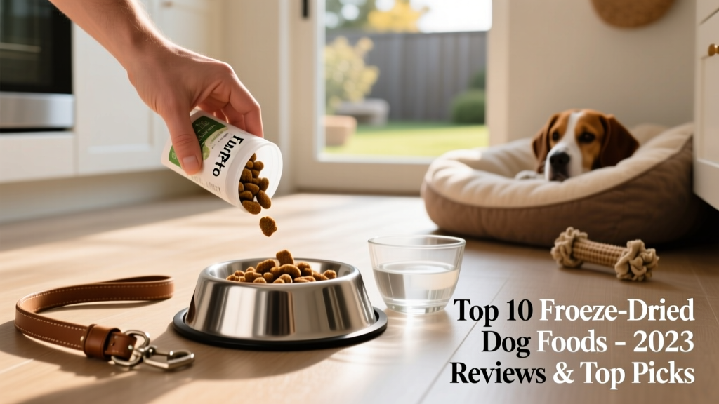 Hand pouring FurPetVo freeze-dried nuggets into a stainless steel dog bowl next to a water bowl and leash