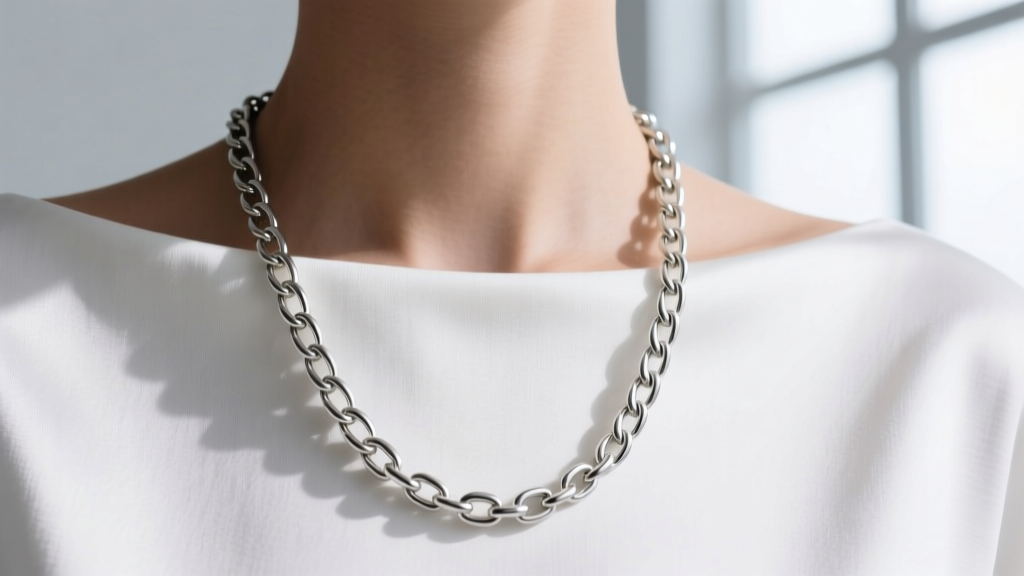 Close-up of an 18-inch silver chain resting awkwardly on a white bateau neckline, demonstrating a common jewelry styling error