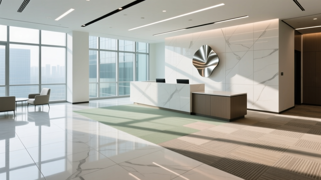 Modern commercial office lobby featuring large format porcelain tile flooring transitioning into modular carpet tiles near the reception desk