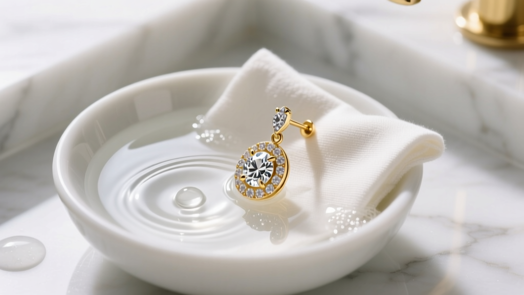 Top-down view of a microfiber cloth, soapy water bowl, and 18k gold diamond drop earrings resting on a white marble vanity.
