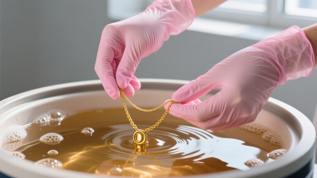 Hands in pink nitrile gloves using an ultrasonic cleaner, with a gold necklace submerged in the warm soapy solution.
