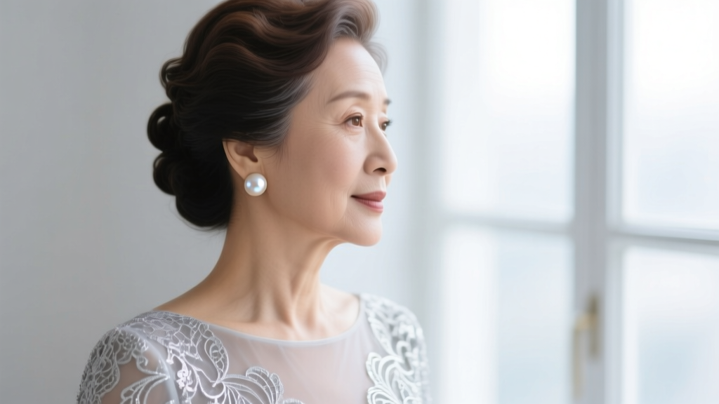 Close-up profile of a mature woman with an updo hairstyle wearing medium freshwater pearl stud earrings and a silver lace gown.