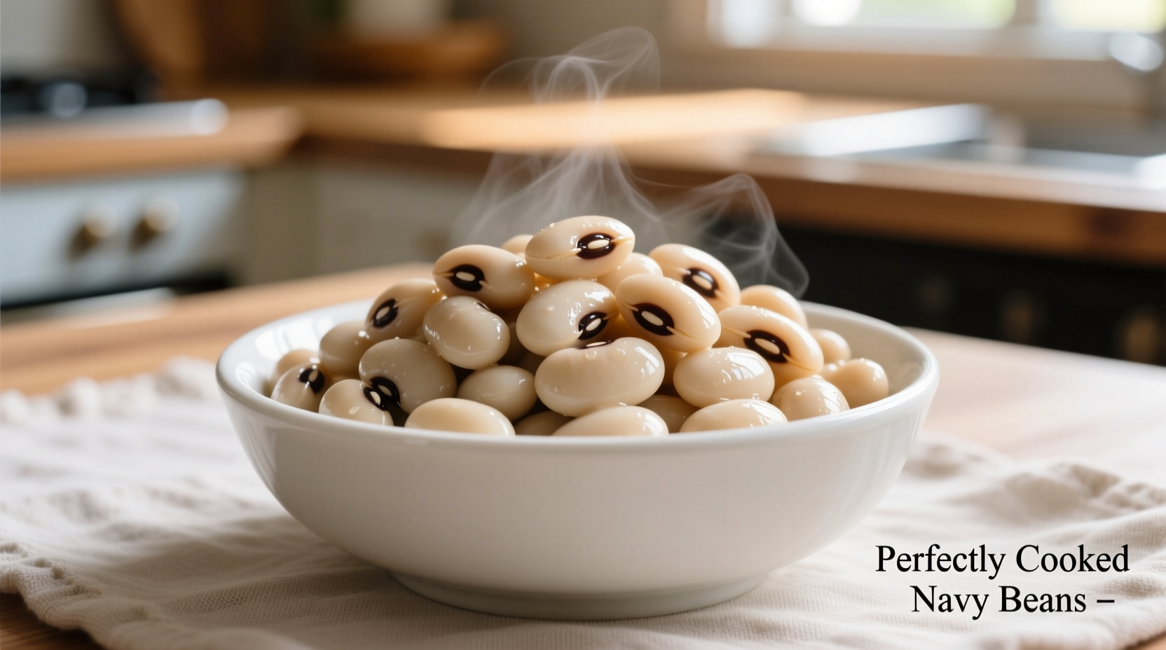 Perfectly cooked navy beans in a white bowl