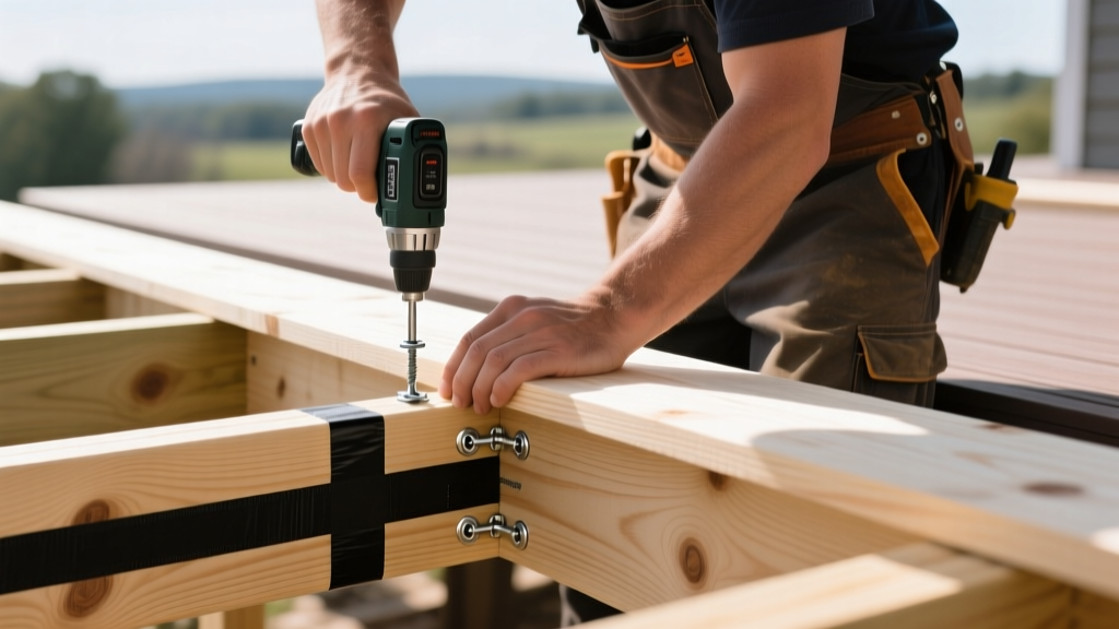 Carpenter installing pressure-treated pine deck boards using hidden stainless steel fasteners on a framed substructure with black joist tape