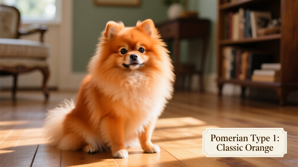 A classic orange Pomeranian sitting confidently on a sunlit wooden floor, showcasing its double coat and alert expression