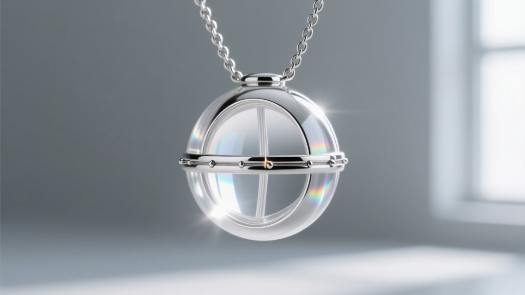 Hollow silver ball necklace bead showing thin interior wall and laser-welded equator seam against a neutral grey backdrop