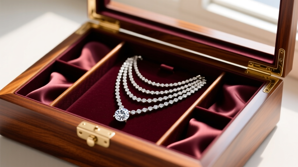 Anti-tarnish mahogany box with silk-lined compartments, holding a layered diamond lariat necklace and a 10x jeweler