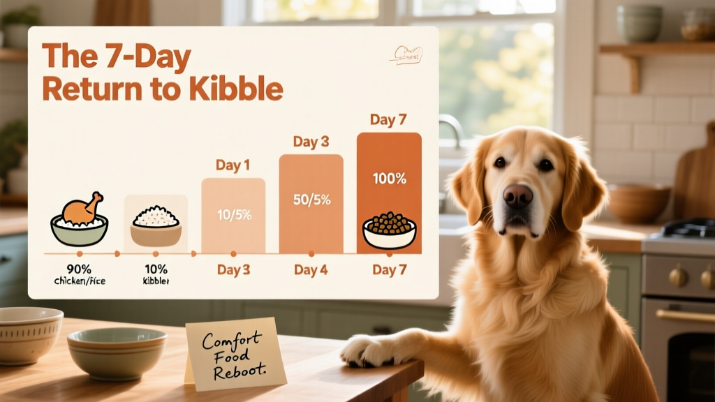 A timeline graphic showing the 7-day transition plan from chicken and rice back to regular dog food, with clear portion ratios for each stage