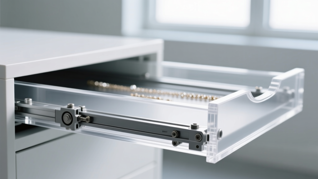 Close-up of a premium plastic jewelry drawer track showing smooth glides and thick extruded acrylic construction.
