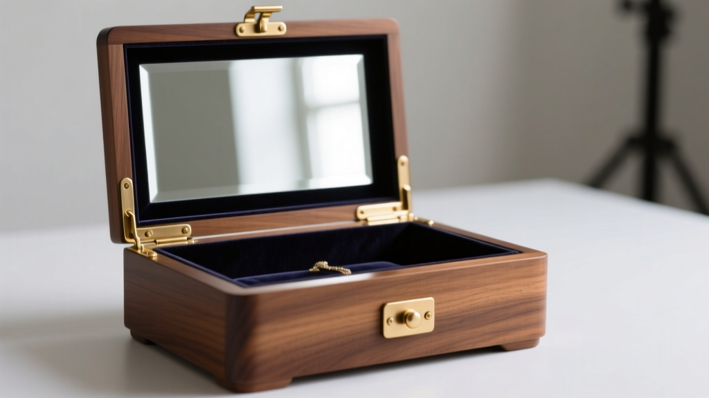 Brushed brass hinges and dark velvet drawer in a standing mirror jewelry box, showing fine woodworking and metal hardware.