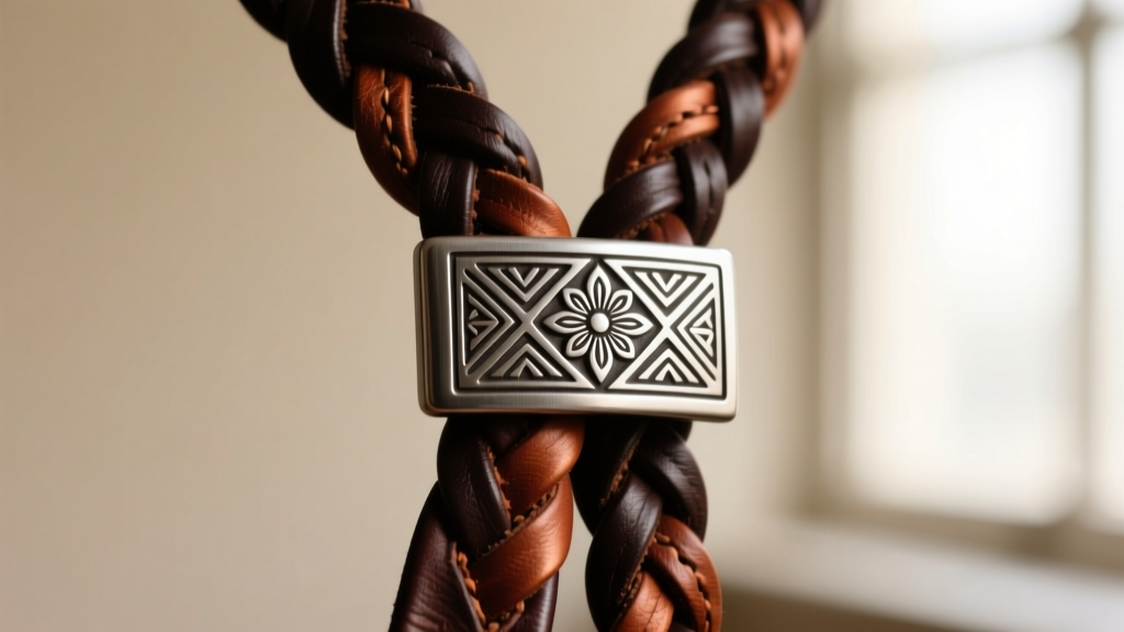Macro shot of a braided leather bolo tie with a heavy silver slide, showing intricate stamped metalwork and rich earthy tones