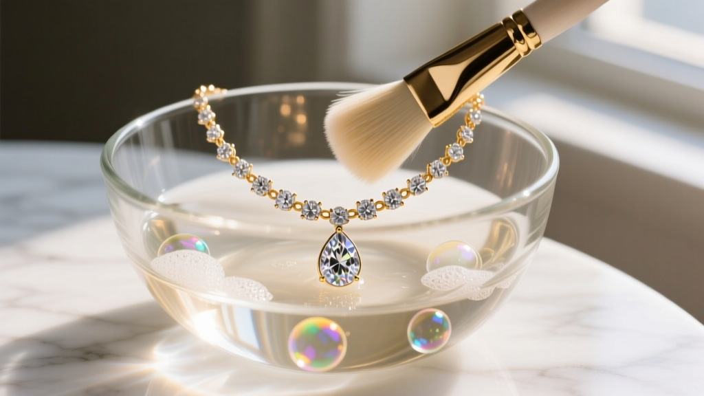 Soft brush gently cleaning the gallery and links of a pear shaped diamond tennis necklace in a glass bowl of warm soapy water