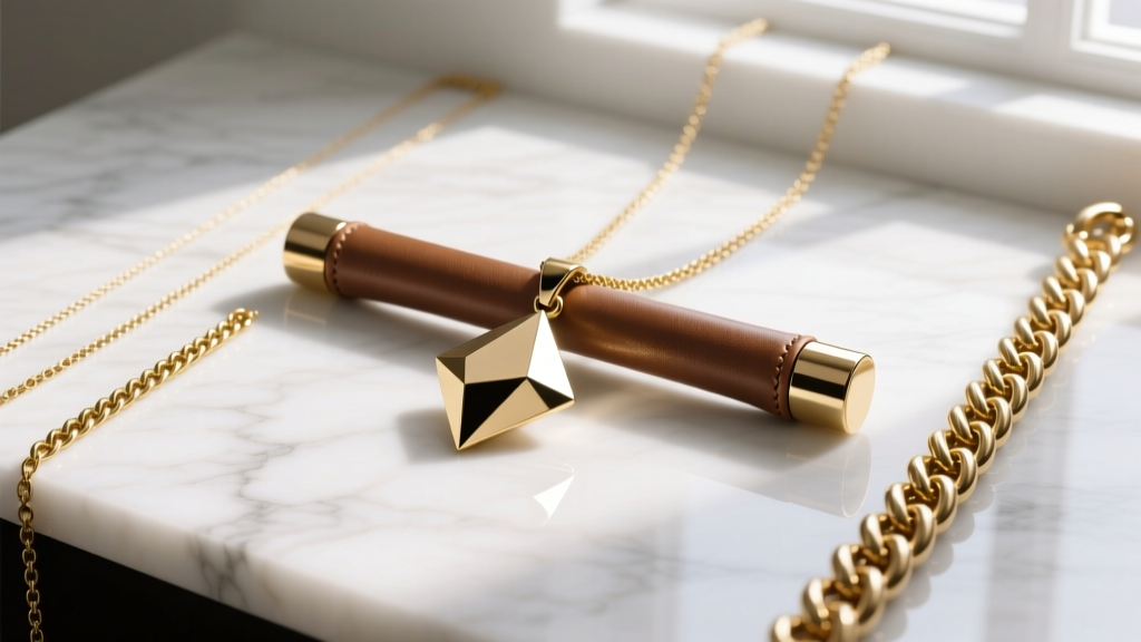Flat lay showing a leather spacer bar, three distinct gold chains of varying lengths, and a heavy geometric pendant on marble.