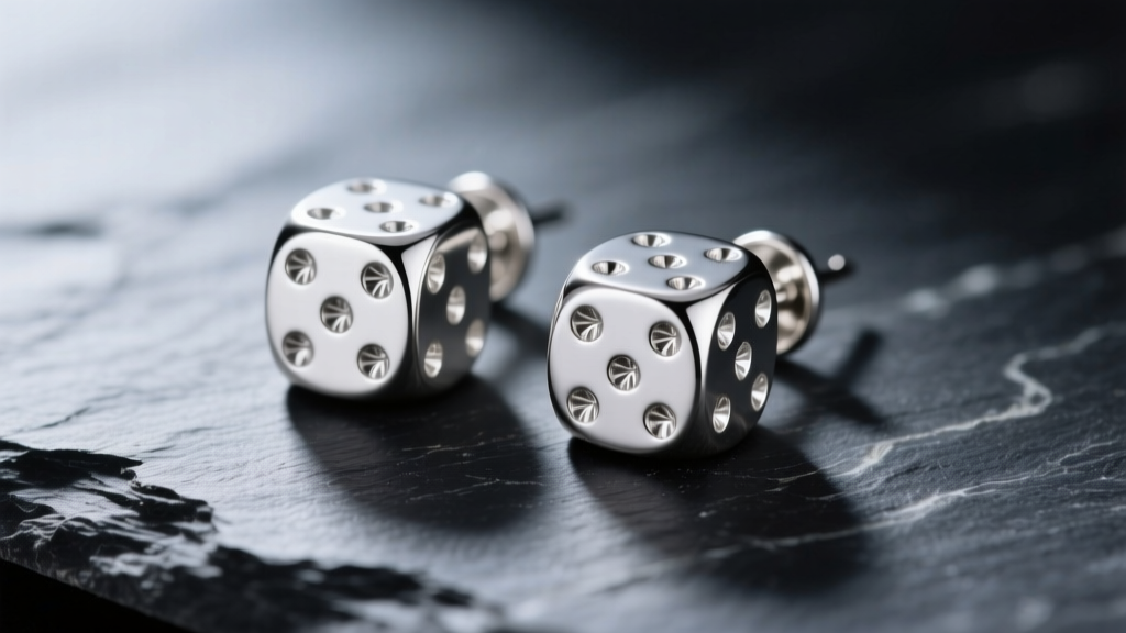 Close-up of 8mm hollow sterling silver dice earrings with engraved pips, resting on dark slate with soft directional lighting