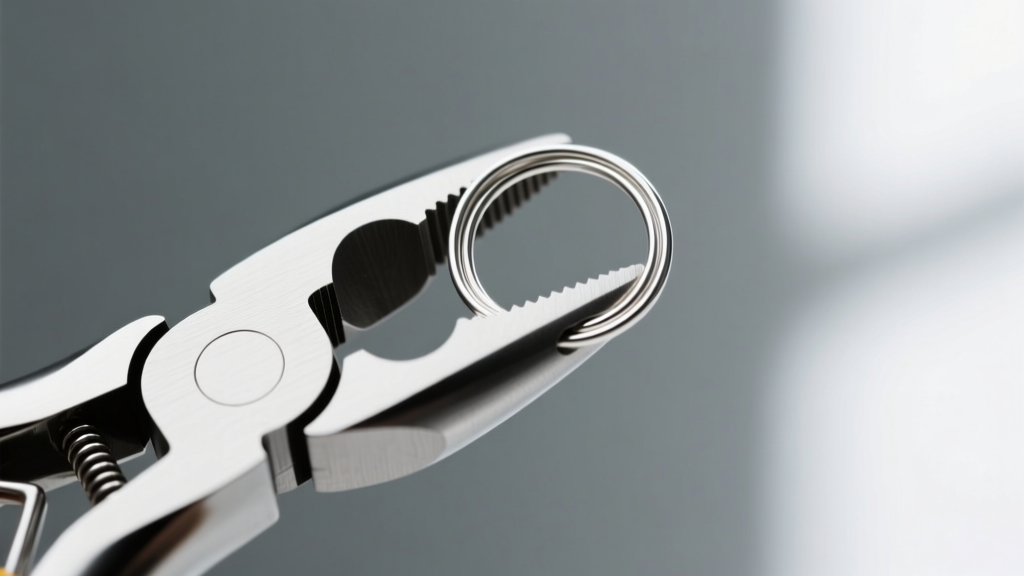 Close-up of smooth, toothless chain nose pliers gripping a 22-gauge sterling silver wire loop without leaving scratches or marks