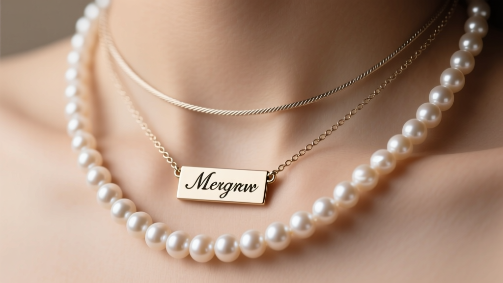 Layered necklaces featuring a personalized name pendant on a 16-inch cable chain paired with an 18-inch freshwater pearl strand.