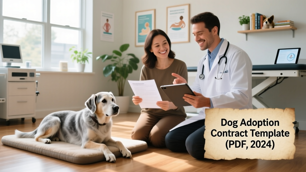 A veterinarian reviewing medical records with an adopter and their newly adopted senior dog in a calm clinic setting