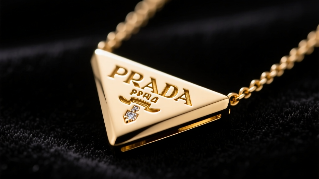 Macro shot of a Prada gold-tone triangle logo pendant necklace on black velvet, highlighting the smooth PVD coating finish.