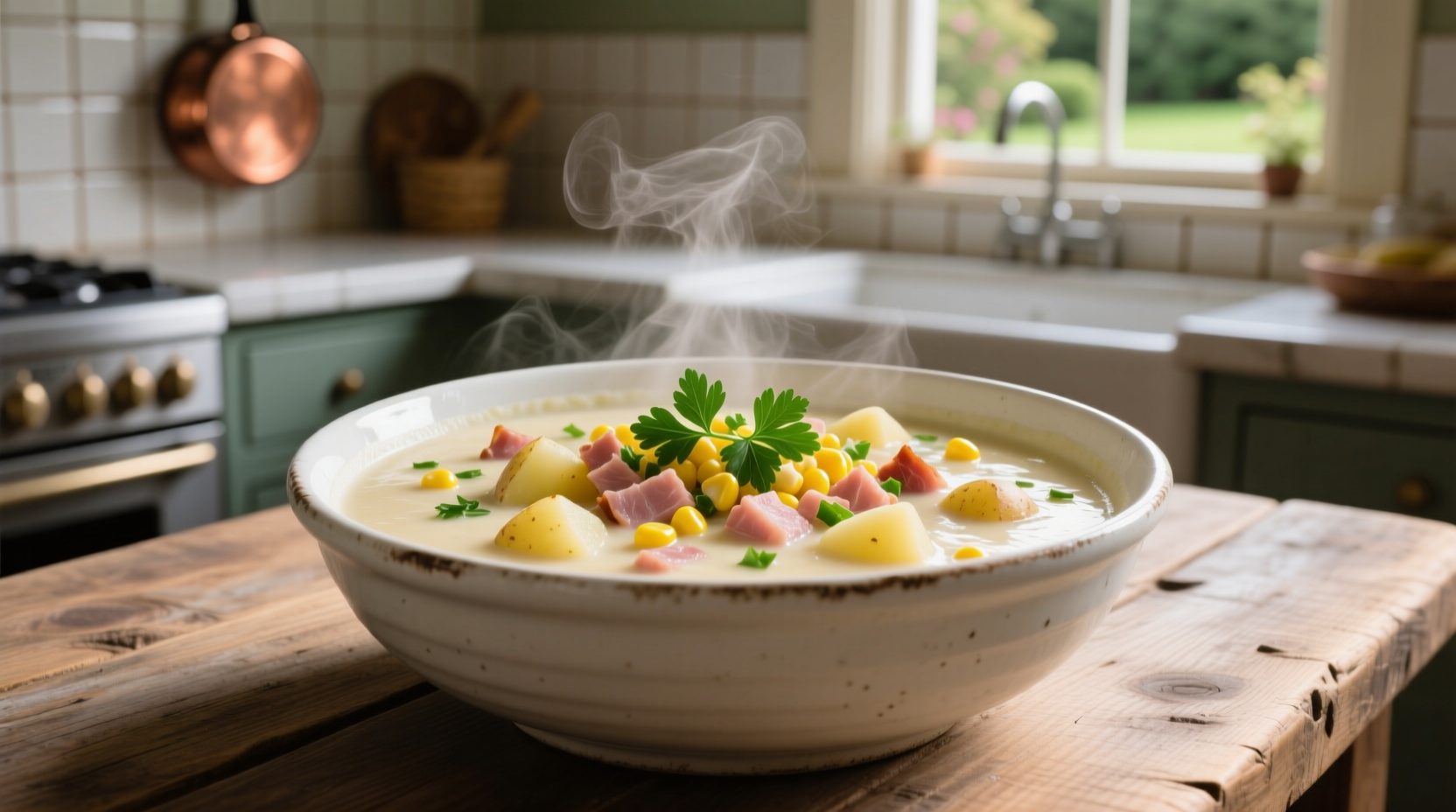 Creamy ham potato corn chowder in white bowl with fresh parsley