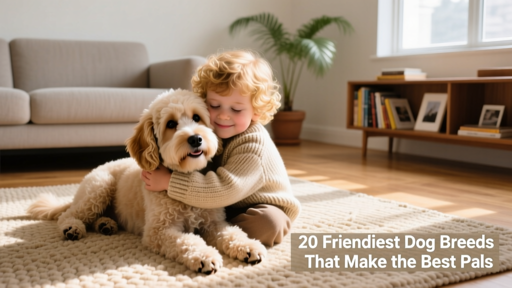 A young child gently hugging a soft-coated Cavapoo on a living room rug