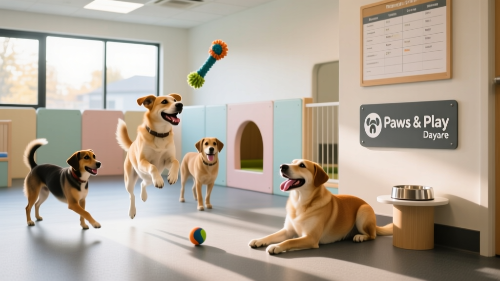 A happy, relaxed dog playing with other dogs in a bright, clean indoor play area at a professional doggy day care facility
