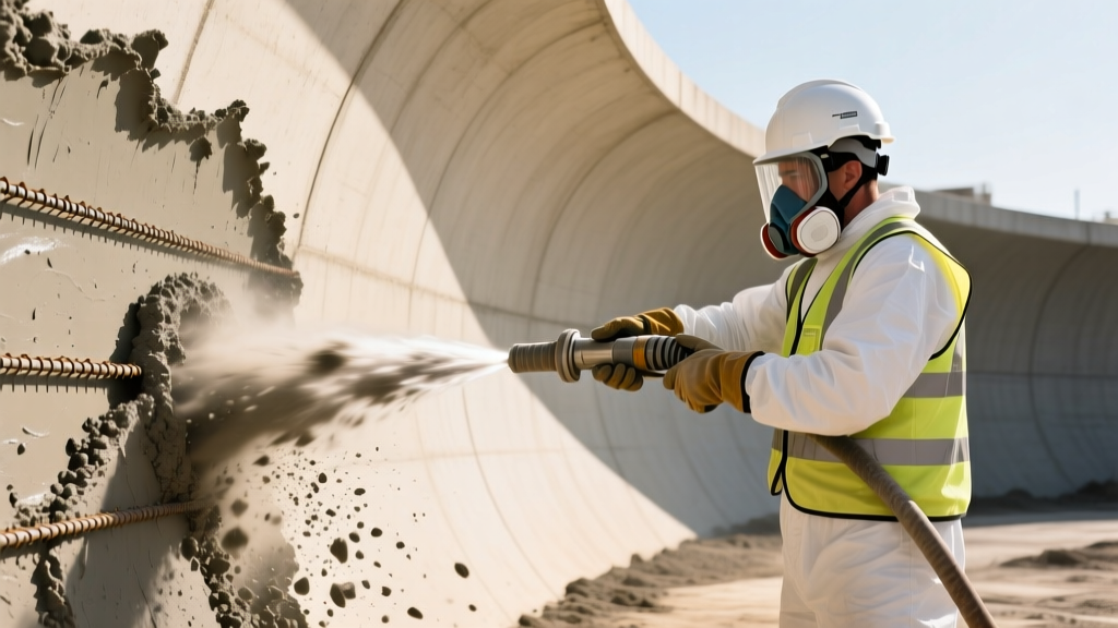 High-velocity wet-mix shotcrete being pneumatically projected onto a heavily reinforced curved retaining wall by a certified nozzleman in full PPE