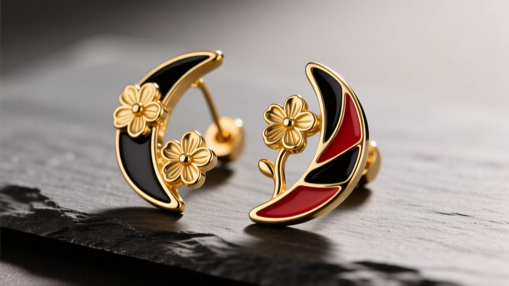 Close-up of 18k gold vermeil Tanjiro Hanafuda earrings with black and red vitreous enamel, resting on a dark slate surface