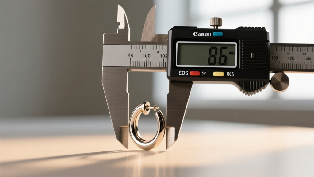 Digital calipers measuring a 6mm titanium post and 16-gauge thickness of a cartilage earring on a blurred backdrop.