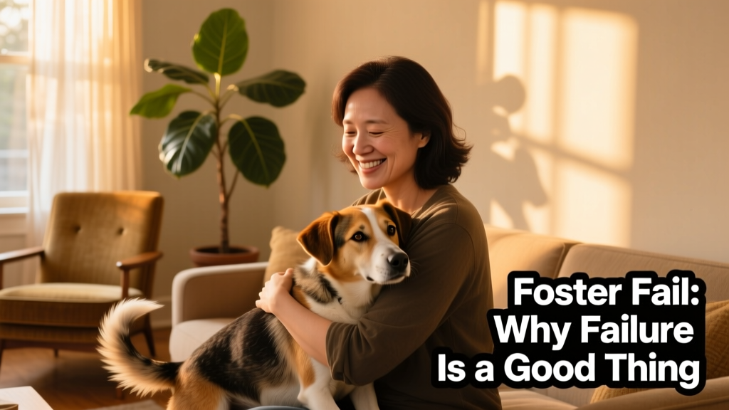 A smiling person gently holding a calm, affectionate dog in a sunlit living room